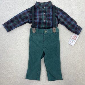 CARTERS Just One You Suspender 3-Pc Plaid Top Green Corduroy Pants Boy 6 Months